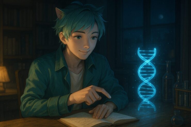 夜の書斎でDNAホログラムを見つめるブレイブ。浅葱色の髪と優しい瞳で、自らの細胞の“時間”に思いを寄せる。静かな未来思索を描いた一枚。 In a quiet study room, Brave gazes thoughtfully at a glowing DNA helix, reflecting on the science of aging and his own time.
