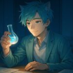 夜の研究室で青く光るフラスコを手に、静かに微笑むブレイブ。 サーチュイン遺伝子という“老化を調律する鍵”を見つめる瞳に、希望の光が宿る。 Brave holds a softly glowing blue flask in a quiet lab, symbolizing calm curiosity and the science of longevity.