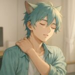 猫耳の青年が、日中の室内で目を閉じながら肩に手を添え、ゆっくりと首を回している。柔らかな光が頬と肩にあたり、緊張がほどけていく静かな瞬間を捉えた。 A cat-eared young man gently holds his shoulder while stretching his neck in a sunlit room. Soft light highlights his cheek and collarbone, capturing a moment of release from desk fatigue.