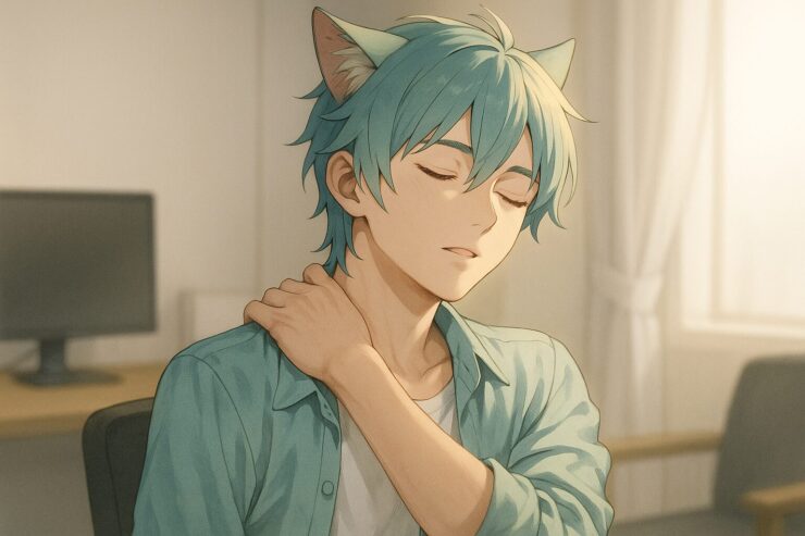 猫耳の青年が、日中の室内で目を閉じながら肩に手を添え、ゆっくりと首を回している。柔らかな光が頬と肩にあたり、緊張がほどけていく静かな瞬間を捉えた。 A cat-eared young man gently holds his shoulder while stretching his neck in a sunlit room. Soft light highlights his cheek and collarbone, capturing a moment of release from desk fatigue.