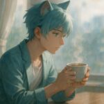 猫耳の青年が、窓際のカフェで湯気の立つカップを静かに見つめている。日差しと瞳に浮かぶ思案の光が、集中と揺らぎの狭間にある思考を描き出す。 A cat-eared young man sits by a window, gazing at a steaming cup in his hands. Sunlight highlights his contemplative gaze, reflecting a quiet moment between focus and fatigue.