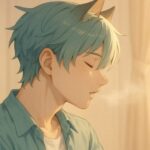 猫耳の青年が静かな室内で目を閉じ、ゆっくりと息を吐いている横顔。吐く息が光に透けて漂い、頬と胸元にあたるやわらかな光が“整う呼吸”の静けさを伝えている。 A cat-eared young man exhales quietly in a softly lit room, his profile calm and serene. Gentle light touches his cheek and chest, highlighting a breath that soothes from within.
