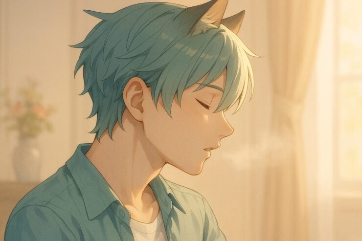 猫耳の青年が静かな室内で目を閉じ、ゆっくりと息を吐いている横顔。吐く息が光に透けて漂い、頬と胸元にあたるやわらかな光が“整う呼吸”の静けさを伝えている。 A cat-eared young man exhales quietly in a softly lit room, his profile calm and serene. Gentle light touches his cheek and chest, highlighting a breath that soothes from within.