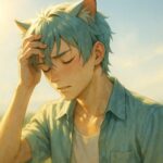 真夏の陽射しの下、猫耳の青年が額に手を当て、目を閉じて立ち尽くす姿。額や首筋には汗がにじみ、身体の内側からの疲れと調整の難しさが静かに描かれている。 A cat-eared young man stands under the blazing sun, eyes closed, hand to his forehead. Sweat glistens on his skin, conveying quiet heat fatigue and internal imbalance.