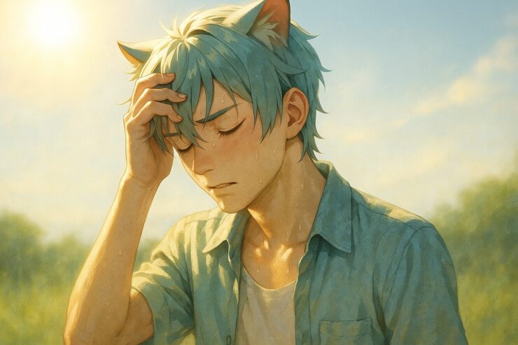 真夏の陽射しの下、猫耳の青年が額に手を当て、目を閉じて立ち尽くす姿。額や首筋には汗がにじみ、身体の内側からの疲れと調整の難しさが静かに描かれている。 A cat-eared young man stands under the blazing sun, eyes closed, hand to his forehead. Sweat glistens on his skin, conveying quiet heat fatigue and internal imbalance.