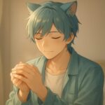 猫耳の青年が、静かな室内で手をそっと重ね、目を閉じて自分の体温を感じている。頬と指先にあたるやさしい光が、血流と意識のめぐりを象徴している。 A cat-eared young man quietly warms his hands together in a softly lit room. Gentle light touches his cheeks and fingertips, evoking warmth and subtle circulation.