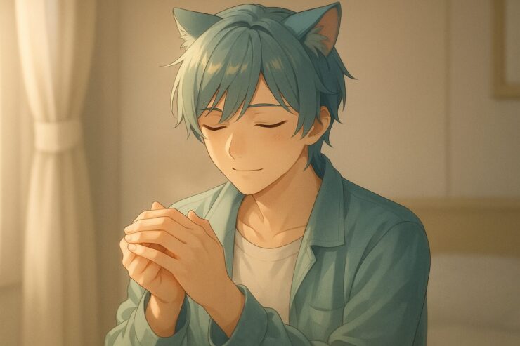 猫耳の青年が、静かな室内で手をそっと重ね、目を閉じて自分の体温を感じている。頬と指先にあたるやさしい光が、血流と意識のめぐりを象徴している。 A cat-eared young man quietly warms his hands together in a softly lit room. Gentle light touches his cheeks and fingertips, evoking warmth and subtle circulation.