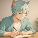 猫耳の青年が静かな部屋で、ノートにゆっくりと言葉を綴っている。視線は紙面に落ち、指先とペン先に光が差す。書くという行為の内なる穏やかさを映した一枚。 A cat-eared young man sits in a peaceful room, writing in a notebook. His gaze is lowered, and soft light touches his fingers and pen, capturing the calm found in self-expression.