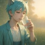 朝の草原に立つ猫耳の青年が、やさしい眼差しでグラスの水を飲む様子を描いた静かな一枚。朝日が頬と鎖骨にやわらかく当たり、彼の静かな決意と一日の始まりを感じさせる。 A young man with cat ears drinks a glass of water in a morning meadow. Soft rim light highlights his cheeks and collarbone, evoking a peaceful start to the day.