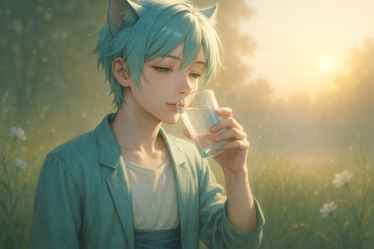朝の草原に立つ猫耳の青年が、やさしい眼差しでグラスの水を飲む様子を描いた静かな一枚。朝日が頬と鎖骨にやわらかく当たり、彼の静かな決意と一日の始まりを感じさせる。 A young man with cat ears drinks a glass of water in a morning meadow. Soft rim light highlights his cheeks and collarbone, evoking a peaceful start to the day.