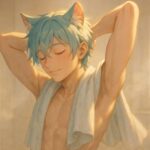 湯上がりの猫耳の青年がタオルを肩にかけたまま、腕を大きく伸ばして深呼吸するような姿。室内に柔らかい光が差し込み、回復の火種が全身に広がっていく。 A cat-eared young man stretches after a bath, a towel draped over his shoulders. Warm light filters through the room, highlighting a moment of peaceful recovery.