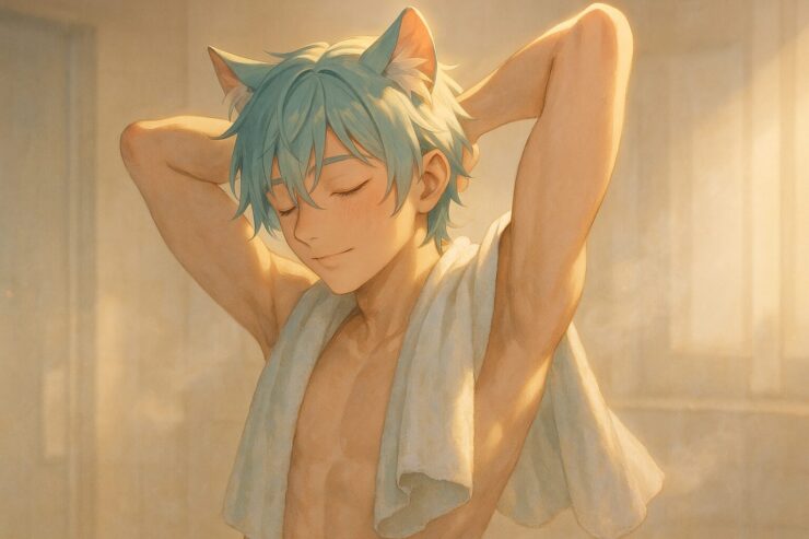 湯上がりの猫耳の青年がタオルを肩にかけたまま、腕を大きく伸ばして深呼吸するような姿。室内に柔らかい光が差し込み、回復の火種が全身に広がっていく。 A cat-eared young man stretches after a bath, a towel draped over his shoulders. Warm light filters through the room, highlighting a moment of peaceful recovery.