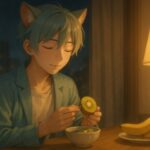 猫耳の青年が、やわらかな室内灯の下でキウイを手にしながら微笑んでいる。夜の静けさの中で、心と体を整える準備としての“食”が描かれた一枚。 A cat-eared young man gently smiles under warm lamplight as he holds a slice of kiwi, surrounded by the quiet of nighttime. A visual of peaceful preparation through food.