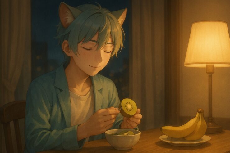 猫耳の青年が、やわらかな室内灯の下でキウイを手にしながら微笑んでいる。夜の静けさの中で、心と体を整える準備としての“食”が描かれた一枚。 A cat-eared young man gently smiles under warm lamplight as he holds a slice of kiwi, surrounded by the quiet of nighttime. A visual of peaceful preparation through food.