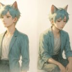 猫耳の青年が立位と座位、二通りの姿勢で描かれている横長イラスト。背筋を伸ばして前を見つめる立ち姿と、椅子に座り俯く姿が対比され、姿勢とエネルギーの違いを静かに伝えている。 A cat-eared young man is shown in two contrasting postures: standing upright with calm confidence, and sitting with a contemplative expression. A quiet visual of energy shift and health symbolism.