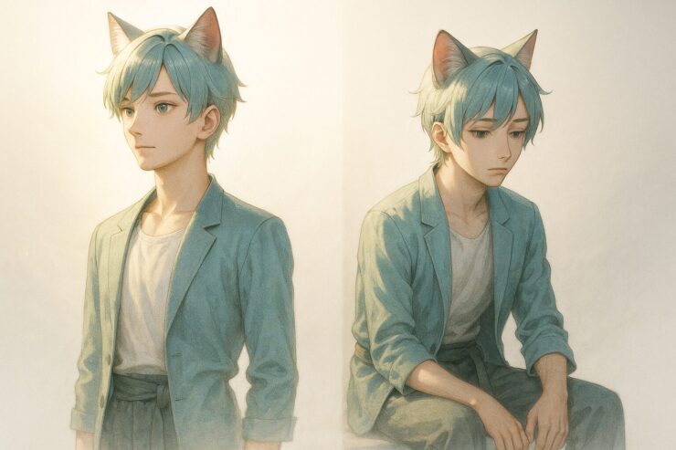 猫耳の青年が立位と座位、二通りの姿勢で描かれている横長イラスト。背筋を伸ばして前を見つめる立ち姿と、椅子に座り俯く姿が対比され、姿勢とエネルギーの違いを静かに伝えている。 A cat-eared young man is shown in two contrasting postures: standing upright with calm confidence, and sitting with a contemplative expression. A quiet visual of energy shift and health symbolism.