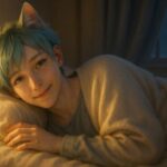 秋の夜、布団の中で優しく微笑むブレイブ。乾燥に悩む肌と心をそっと包み込む、静かであたたかな時間を描いたアイキャッチです。 A gentle young man with soft turquoise hair and cat ears lies in bed under warm lighting, offering a hush smile—capturing a peaceful night wrapped in quiet skincare comfort.