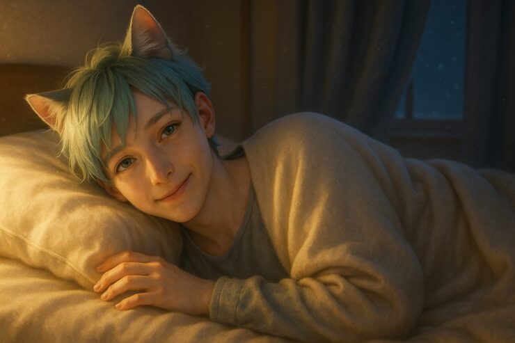 秋の夜、布団の中で優しく微笑むブレイブ。乾燥に悩む肌と心をそっと包み込む、静かであたたかな時間を描いたアイキャッチです。 A gentle young man with soft turquoise hair and cat ears lies in bed under warm lighting, offering a hush smile—capturing a peaceful night wrapped in quiet skincare comfort.