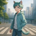 新宿の朝を散歩するブレイブ。浅葱色の髪と優しいまなざしが、都会のなかの静かな回復感を描く横長アイキャッチ画像。 Brave walking through Shinjuku in the calm morning light. His pale turquoise hair, soft gaze, and gentle atmosphere create a peaceful urban mood for the wide cover image.