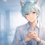 静かな朝の光の中でブレイブが手を組み、優しい眼差しでこちらを見つめている構図。浅葱色の髪と猫耳が柔らかい空気に溶け込み、安心感と落ち着いた雰囲気をつくる。 A gentle young man with pale turquoise hair and subtle cat ears sits in soft daylight, his calm gaze and folded hands creating a serene and comforting atmosphere.