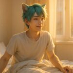 朝日を浴びながら静かに目覚める若い猫獣人の少年ブレイブ。柔らかな金色の光が髪と頬を照らし、ゆっくり伸びをしながら新しい朝を迎える様子が描かれている。清潔感と温かさのある雰囲気で、健康的な目覚めや自律神経・睡眠改善のイメージに適したビジュアル。 A young cat-human hybrid boy, Brave, waking up gently in warm morning sunlight. Soft golden light highlights his hair and cheeks as he stretches and greets a new day. The scene conveys freshness, calm energy, and a healthy morning routine.