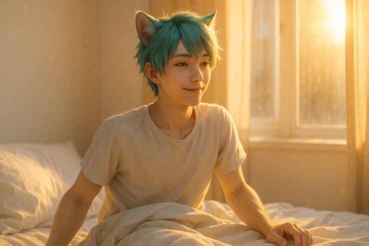 朝日を浴びながら静かに目覚める若い猫獣人の少年ブレイブ。柔らかな金色の光が髪と頬を照らし、ゆっくり伸びをしながら新しい朝を迎える様子が描かれている。清潔感と温かさのある雰囲気で、健康的な目覚めや自律神経・睡眠改善のイメージに適したビジュアル。 A young cat-human hybrid boy, Brave, waking up gently in warm morning sunlight. Soft golden light highlights his hair and cheeks as he stretches and greets a new day. The scene conveys freshness, calm energy, and a healthy morning routine.