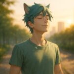 朝日が差し込む部屋でゆっくり目を覚ますブレイブが、柔らかな光に包まれながら一日の始まりを迎えている瞬間を写したイラスト。 An illustration of Brave waking up gently in a sunlit room, bathed in warm morning light as he begins a new day.