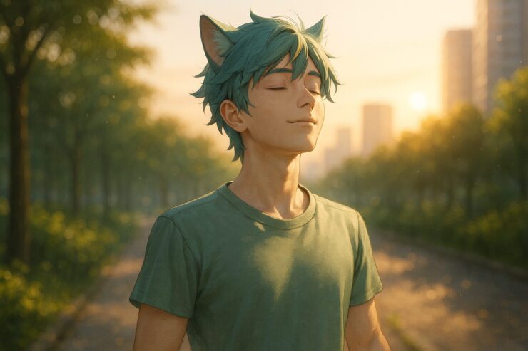 朝日が差し込む部屋でゆっくり目を覚ますブレイブが、柔らかな光に包まれながら一日の始まりを迎えている瞬間を写したイラスト。 An illustration of Brave waking up gently in a sunlit room, bathed in warm morning light as he begins a new day.