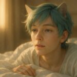 朝日が差し込む部屋で目を覚ますブレイブ。浅葱色の髪とゴールドの差し色、緑灰色の瞳、猫耳、透き通る肌が朝光にやさしく照らされているポートレート。 Brave waking up in a softly sunlit room. His pale-turquoise hair with golden streaks, green-gray eyes, cat ears, and translucent skin are gently illuminated by the warm morning light.