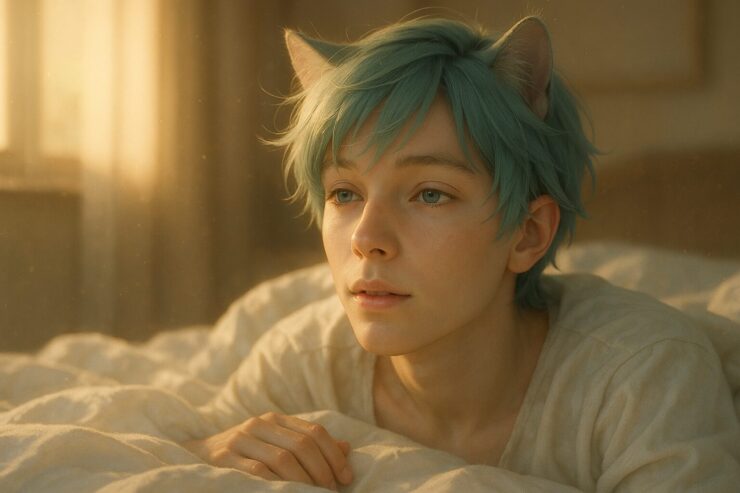 朝日が差し込む部屋で目を覚ますブレイブ。浅葱色の髪とゴールドの差し色、緑灰色の瞳、猫耳、透き通る肌が朝光にやさしく照らされているポートレート。 Brave waking up in a softly sunlit room. His pale-turquoise hair with golden streaks, green-gray eyes, cat ears, and translucent skin are gently illuminated by the warm morning light.