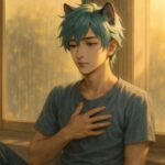 朝の静かな光の中で、半身を起こしながら深呼吸して心を整える青年。性欲コントロールというテーマを象徴する落ち着きとセルフマネジメントを視覚的に表現した構図。 A young man sits up under the soft morning light, taking a calm breath. The mood expresses self-management and emotional balance related to sexual desire control.