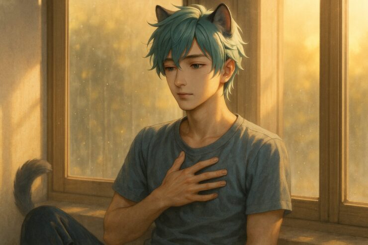 朝の静かな光の中で、半身を起こしながら深呼吸して心を整える青年。性欲コントロールというテーマを象徴する落ち着きとセルフマネジメントを視覚的に表現した構図。 A young man sits up under the soft morning light, taking a calm breath. The mood expresses self-management and emotional balance related to sexual desire control.