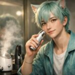 美顔器とスチーマーを使ってスキンケアする浅葱色の髪の猫耳少年ブレイブが、洗面台の前で優しく微笑んでいる横長ポートレート / Wide horizontal portrait of cat-eared boy Brave with pale turquoise hair, smiling gently while doing skincare with multiple beauty devices and a facial steamer at a bathroom counter