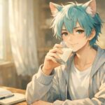 朝のやわらかな自然光の中、青緑の髪と猫耳のキャラクターが、木製テーブルで豆乳を飲みながらノートに向き合っている様子。静かな時間と健康的な習慣を象徴する構図。 A teal-haired, cat-eared character drinking soy milk at a wooden table in soft morning light, with an open notebook nearby, expressing a calm moment of healthy daily routine.