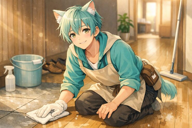 年末の玄関で大掃除をする猫獣人の少年ブレイブが、浅葱色の髪とエプロン姿で床を拭きながら優しく微笑んでいる横長イラスト / A catfolk boy named Brave with pale turquoise hair and a beige apron kneels in the genkan of a Japanese home, gently smiling as he wipes the floor in warm winter light