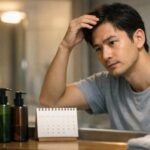 育毛剤を使い始めて3カ月の変化を気にしながら前髪の生え際をチェックする30代日本人男性の横長ポートレート写真。明るい洗面所で少し不安そうに鏡を見るが、落ち着いた表情で育毛ケアを続けるイメージ A horizontal portrait of a Japanese man in his thirties gently lifting his fringe to check his hairline in a bright bathroom mirror, looking slightly anxious but calm as he continues his first three months of hair growth treatment