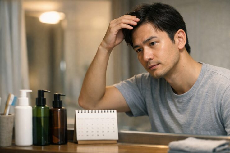 育毛剤を使い始めて3カ月の変化を気にしながら前髪の生え際をチェックする30代日本人男性の横長ポートレート写真。明るい洗面所で少し不安そうに鏡を見るが、落ち着いた表情で育毛ケアを続けるイメージ A horizontal portrait of a Japanese man in his thirties gently lifting his fringe to check his hairline in a bright bathroom mirror, looking slightly anxious but calm as he continues his first three months of hair growth treatment