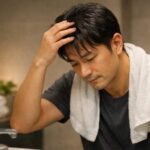頭皮ケアを始めた30〜50代の日本人男性が、洗面台の前で髪をタオルドライしながら頭皮の状態を優しく確認している横長ポートレート。育毛剤を使う前に生活習慣とケアを見直そうとしている落ち着いた表情が伝わる一枚。 A horizontal portrait of a Japanese man in his thirties to fifties standing at the bathroom sink, gently towel-drying his hair while checking the condition of his scalp. His calm but slightly worried expression shows he is reviewing his daily care before starting to use a hair growth tonic.