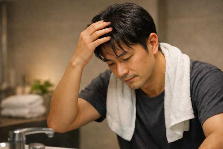 頭皮ケアを始めた30〜50代の日本人男性が、洗面台の前で髪をタオルドライしながら頭皮の状態を優しく確認している横長ポートレート。育毛剤を使う前に生活習慣とケアを見直そうとしている落ち着いた表情が伝わる一枚。 A horizontal portrait of a Japanese man in his thirties to fifties standing at the bathroom sink, gently towel-drying his hair while checking the condition of his scalp. His calm but slightly worried expression shows he is reviewing his daily care before starting to use a hair growth tonic.