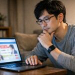 育毛剤の広告をスマホで見ながら本当に信用していいか悩む30代男性　落ち着いた部屋で一人で情報を見比べている横長ポートレートWide portrait of a man in his thirties checking hair growth ads on his smartphone, calmly comparing information alone in a tidy room