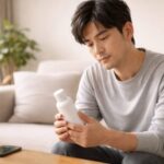まだ目立つ薄毛はないけれど生え際を気にし始めた30代男性が、朝の洗面所で前髪のボリュームをそっと確かめている様子の写真 / A man in his early thirties with mostly full hair gently checking his hairline in the bathroom mirror in the morning, thinking about when to start using a hair growth tonic