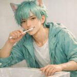 歯を磨く猫獣人ブレイブが奇跡の歯ブラシでていねいにケアしている横長ポートレート fresh morning cat boy Brave brushing his teeth with Kiseki no Haburashi pyramid bristle toothbrush in a bright bathroom