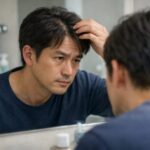 40代くらいの日本人男性が洗面所の鏡の前で頭頂部の分け目を気にしながら髪をかき上げている様子。薄毛が気になり始めたタイミングで生活習慣と頭皮ケアを見直そうとしているイメージ。 A Japanese man in his early 40s stands in front of a bathroom mirror, gently lifting his hair to check a thinning part on his scalp, capturing the moment he starts rethinking daily habits and scalp care before choosing a hair tonic.
