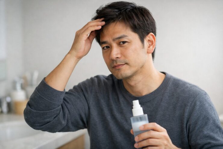 30代後半の日本人男性が自宅のベッドに腰かけておでこの生え際にそっと手を添えながら、薄毛対策や育毛剤の情報を真剣な表情で読み込んでいる横長ポートレート。部屋のやわらかな自然光が髪と表情をやさしく照らし、買う前にじっくり調べているリアルな不安と慎重さが伝わる一枚。 A Japanese man in his late thirties sits on his bed at home, gently touching his hairline while reading detailed information about hair loss care and hair growth tonics. Soft natural light fills the room and highlights his thoughtful expression, capturing the realistic concern and careful research before making a purchase.