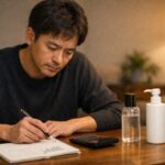 家計簿とレシートを前に、電卓で「安い育毛ローション」と「高機能育毛剤」の1年間の総額と続けやすさを落ち着いて計算している30代後半の日本人男性の横長ポートレート。デスクの上にはノートPCと2種類の育毛ボトルが並び、柔らかな自然光が手元と表情を照らしている。 Horizontal photo-style portrait of a Japanese man in his late thirties calmly calculating the one-year cost and affordability of cheap drugstore hair-loss lotion versus a high-performance hair-growth treatment with a calculator, receipts, a notebook PC and two different hair-growth bottles on his tidy desk in soft natural light.