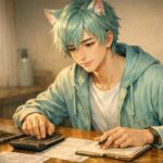 育毛剤のボトルと電卓を前に、家計簿アプリを見ながら毎月いくらまでなら無理なく続けられるか考えている男性のデスクシーン。薄毛ケアのコストと生活費のバランスを落ち着いて見直している様子。/ A realistic home desk scene of a man checking a calculator and a hair-growth tonic bottle while reviewing a budgeting app, calmly thinking how much he can spend on scalp care each month without breaking his household budget.