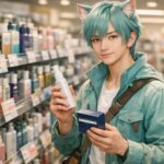 ドラッグストアの育毛剤コーナーで育毛剤と発毛剤のパッケージを見比べながら成分表示を確認している若い男性の写真 / A young man standing in a Japanese drugstore hair care aisle, carefully comparing the labels of hair tonics and hair regrowth medicines on the shelf