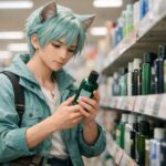 ドラッグストアの育毛剤売り場で、浅葱色の短髪と柔らかい猫耳を持つ青年ブレイブが育毛剤ボトルのラベルを真剣にチェックしている横長ポートレート / Horizontal portrait of Brave, a soft cat-eared young man with pale turquoise short hair and green-gray eyes, carefully examining hair growth tonics on a Japanese drugstore shelf