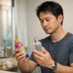 30〜40代の日本人男性が洗面所の鏡の前で頭皮の分け目を指で押さえながら、ドラッグストアの安い育毛ローションとチャップアップ級の高機能育毛剤ボトルを見比べている様子 / A Japanese man in his late 30s checks his thinning part in the bathroom mirror while comparing a cheap drugstore hair tonic bottle with a premium Chap Up level hair growth lotion