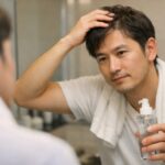 お風呂上がりに洗面台の前で育毛剤を頭皮に塗る30代日本人男性の横長写真。白いTシャツにタオルをかけ、鏡を見ながら生え際に丁寧に育毛トニックをなじませている様子 Wide horizontal photo of a Japanese man in his late thirties standing at the sink after a shower, wearing a white T shirt and towel, carefully applying hair tonic along his hairline while looking into the bathroom mirror